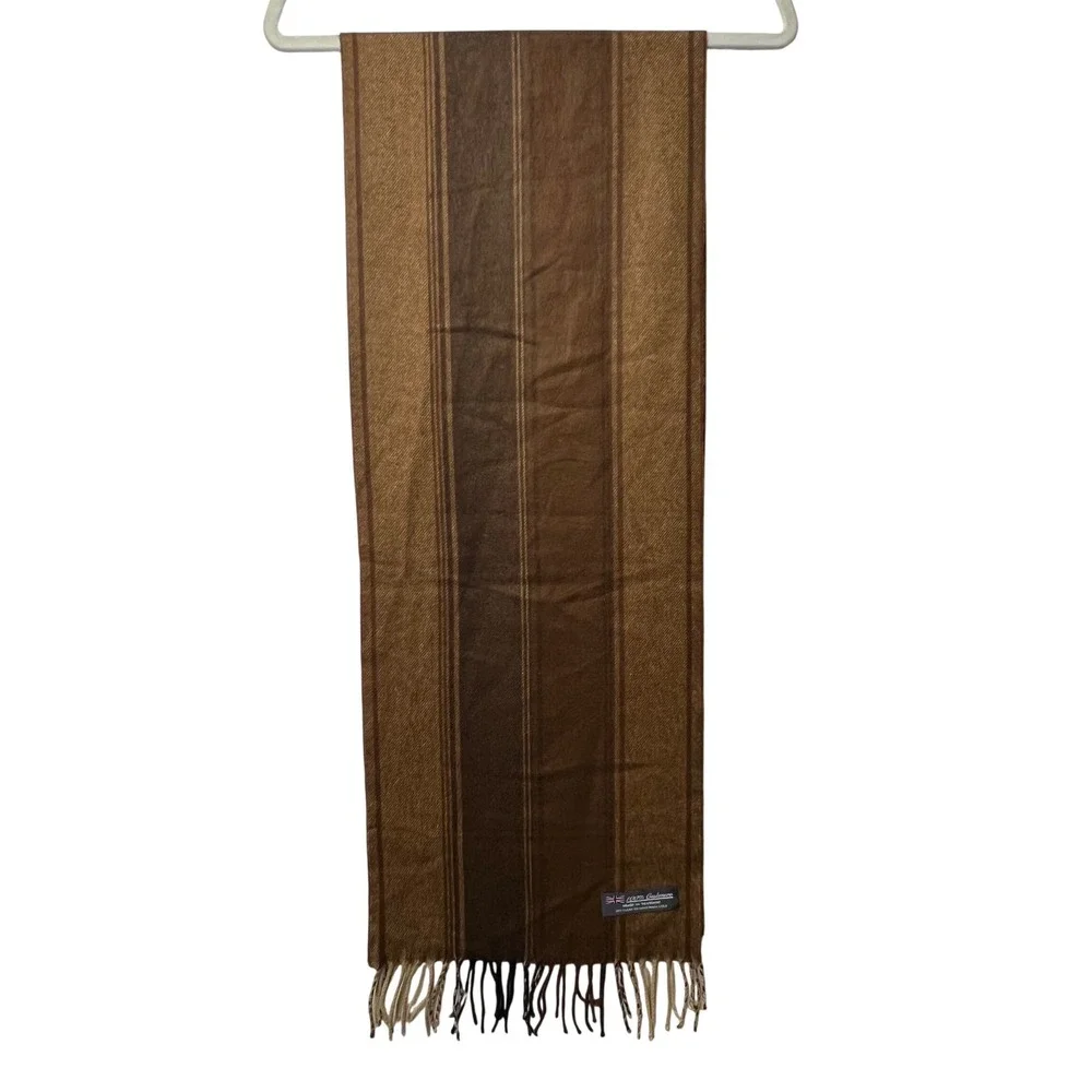 Scotland Unisex Scarf 100% Cashmere Striped OS Brown Tan Winter Neckwear Wrap